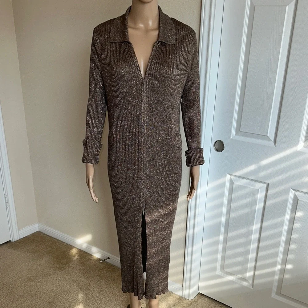 NWT ANTHROPOLOGIE Metallic Brown Long Sleeve Dress Sz. XL. - Picture 1 of 15